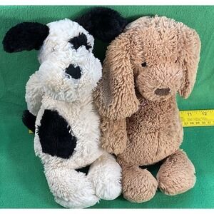 Pair Of Jellycat Bashful Puppy Dogs 12" Plush 1 Toffee Brown 1 Black And White